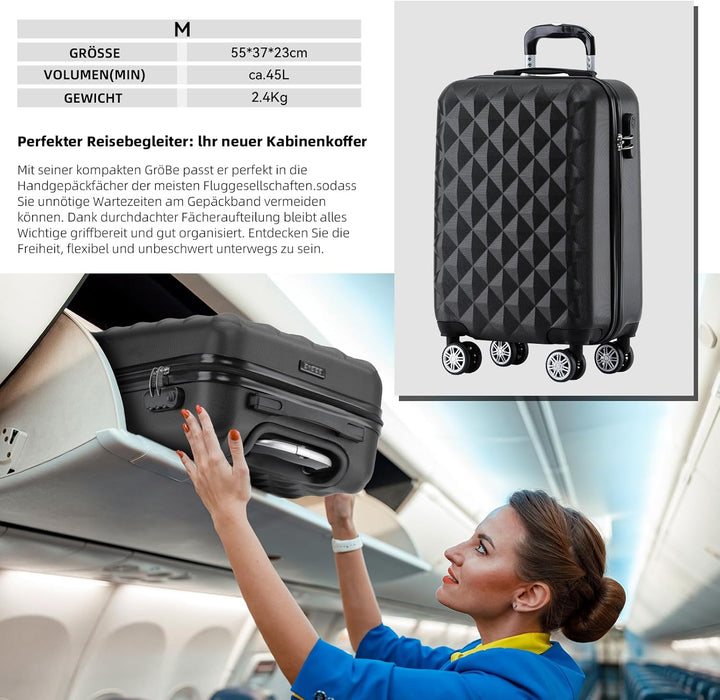 BEIBYE Zwillingsrollen 2066 Hartschale Trolley Koffer Reisekoffer Gepäck M-L-XL-Set (Schwarz, Set) S