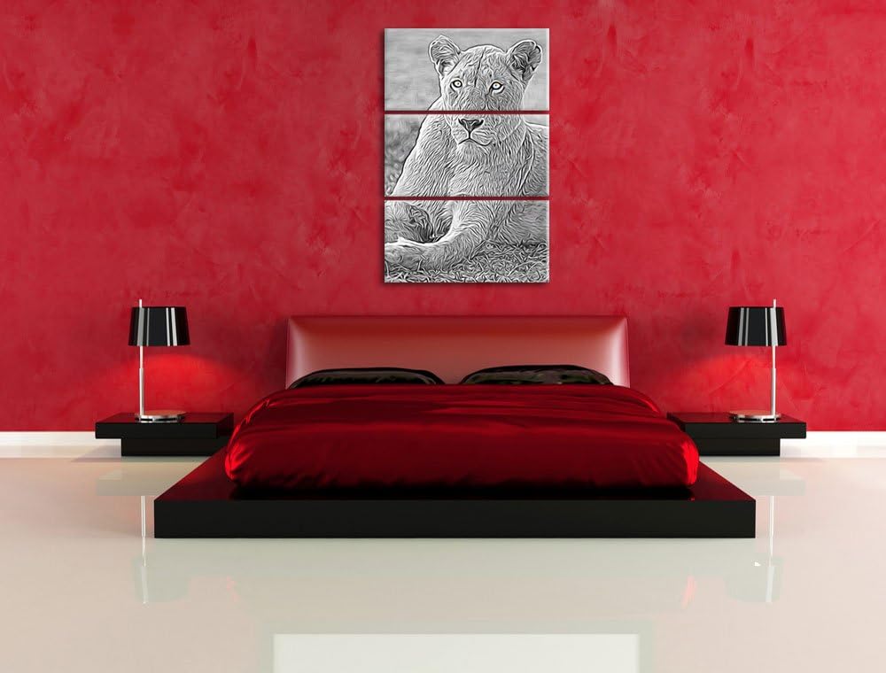 prächtige weisse Löwin schwarz/weiss Deluxe 3-Teiler Leinwandbild 120x80 Bild auf Leinwand, XXL ries