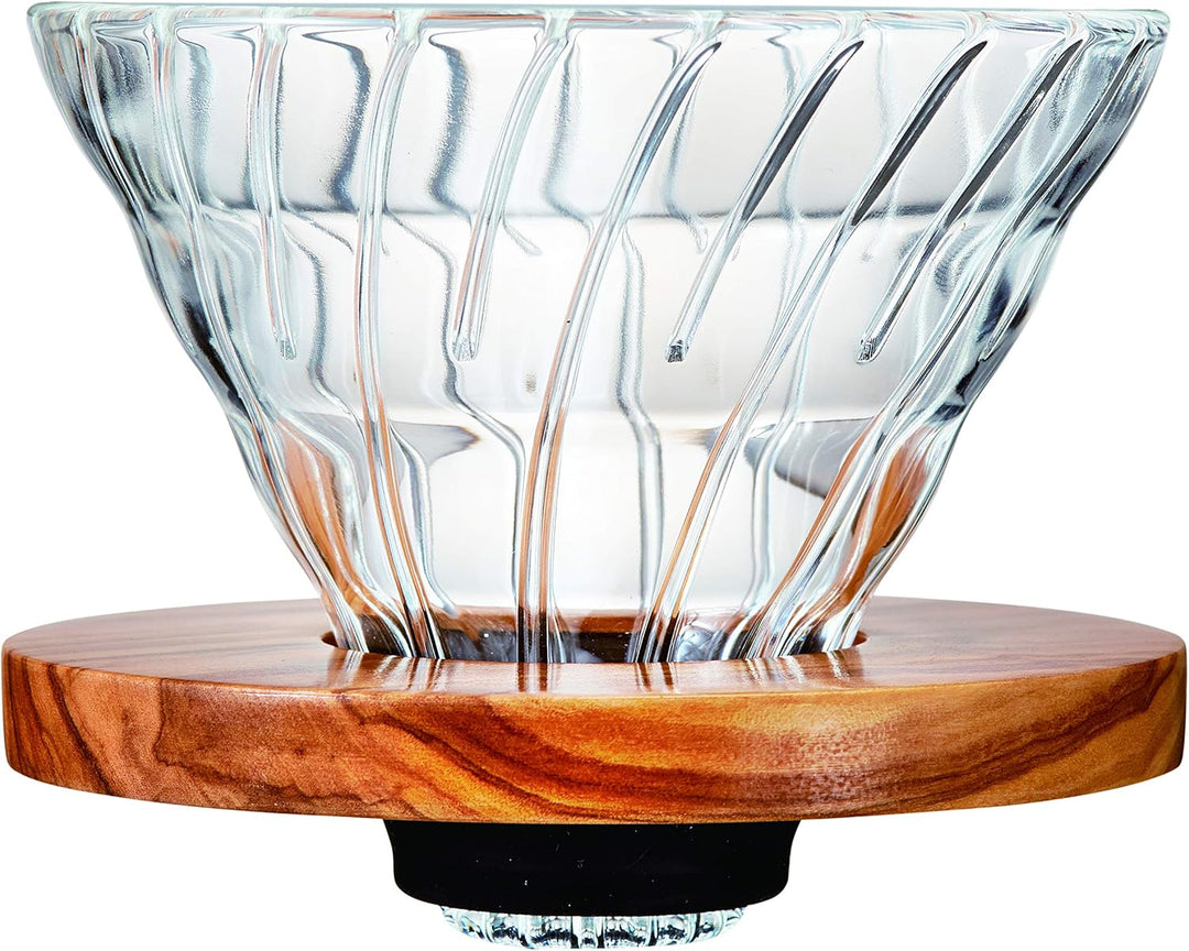 Hario VD 1–4 Cup Olivenholz V60 Tropfer Plus Messlöffel, Glas, transparent, 02 Grösse, Holz, 11 x 9,