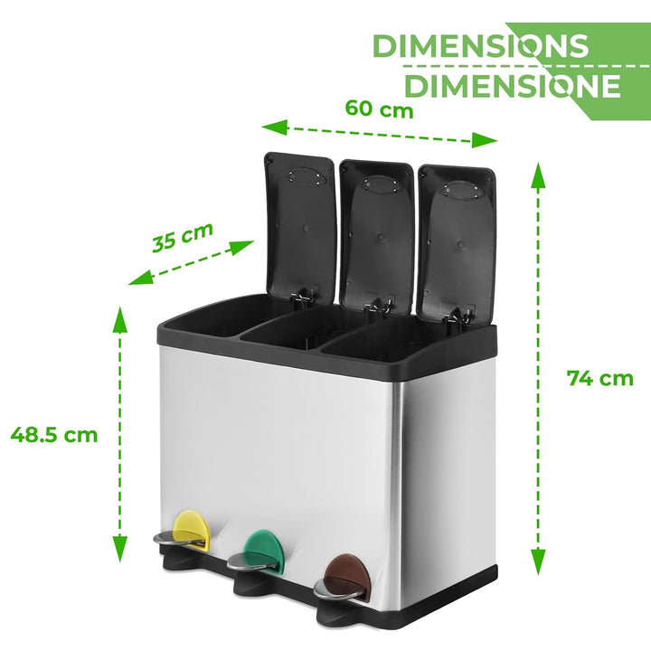 Jago® Mülleimer – 16/24/45/60 L - 2 oder 3 fächer, Edelstahl, mit Inneneimer, Handgriff, Deckel, für