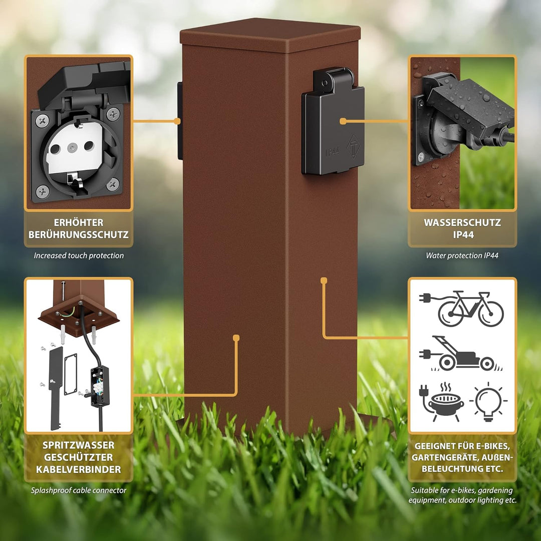 ledscom.de Garten Steckdosensäule POLLY, Outdoor, IP44, 2-fach, braun, eckig, 27 cm, 3 Stk. 3 Stück