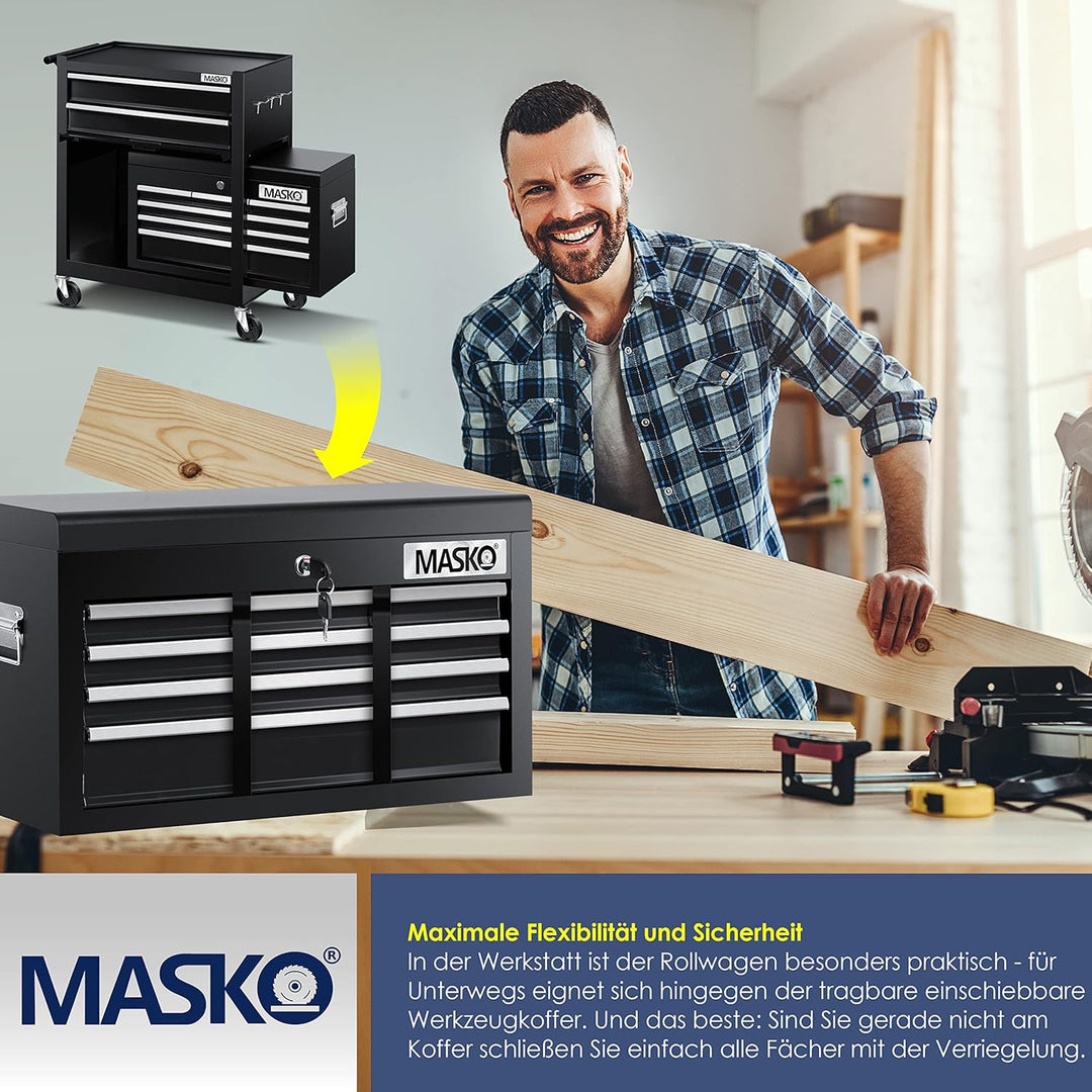 MASKOยฎ Werkstattwagen inkl. Koffer - 9 Fรคcher Abschliessbar | Massives Metall | Mobiler Werkzeug-Wag