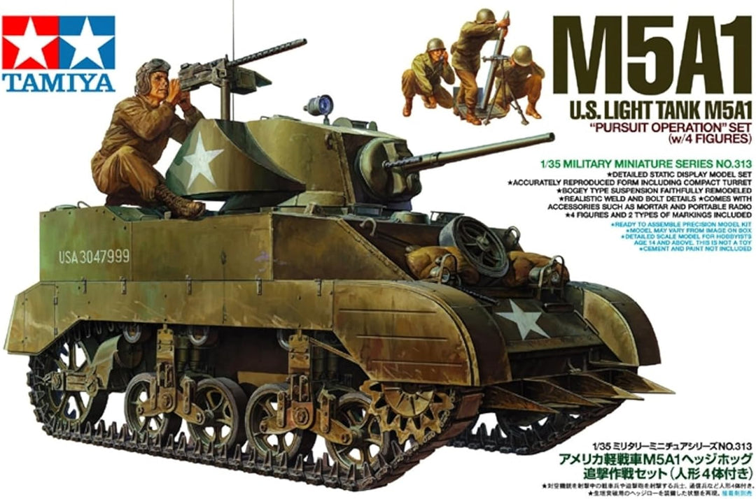 Tamiya 300035313 - 1:35 WWII US M5A1 Leicht Panzer mit Mörser (4), grün