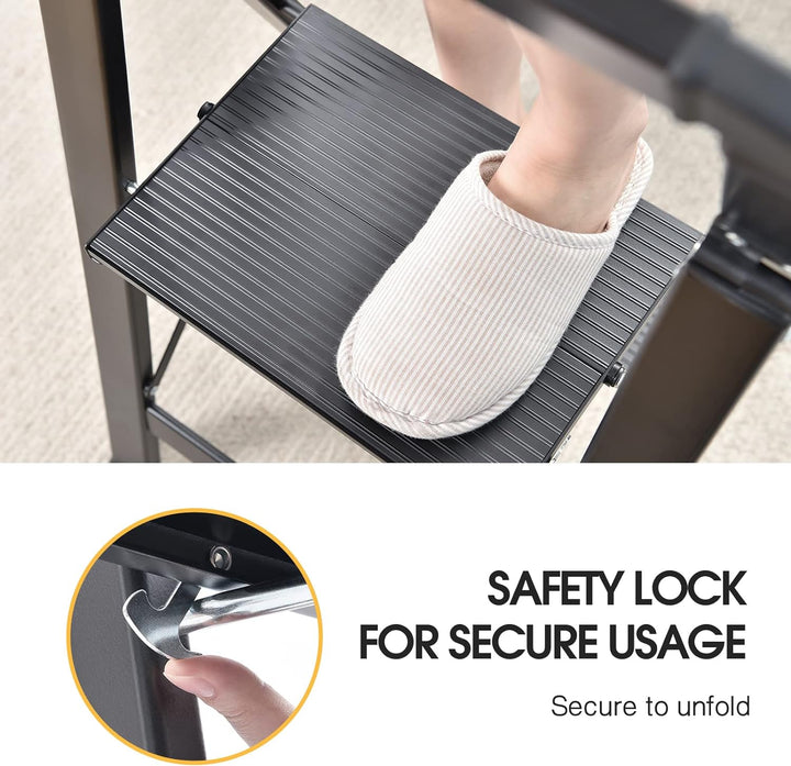 Kingrack, Trittleiter 2 Stufen, Stufenleiter, rutschfeste Haushaltsleiter mit Klappsicherung, Alumin