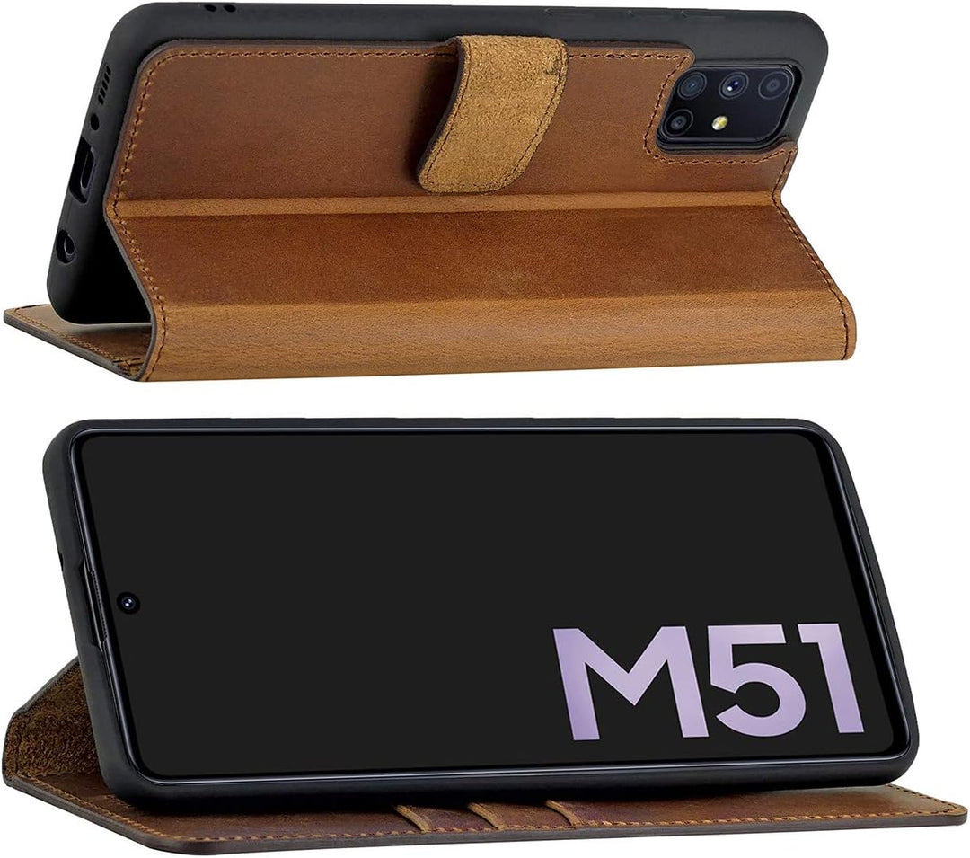 Suncase Book-Style Hülle kompatibel mit Samsung Galaxy M51 Leder Tasche (Slim-Fit) Lederhülle Handyt