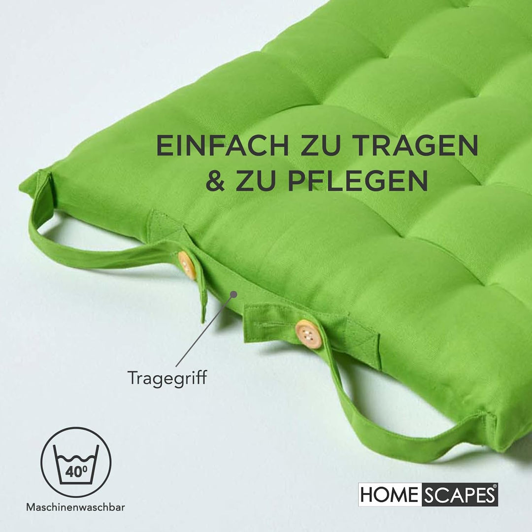 HOMESCAPES 4er Set Stuhlkissen 40 x 40 cm, grün, Sitzkissen mit Bändern und Knopfverschluss, einfarb