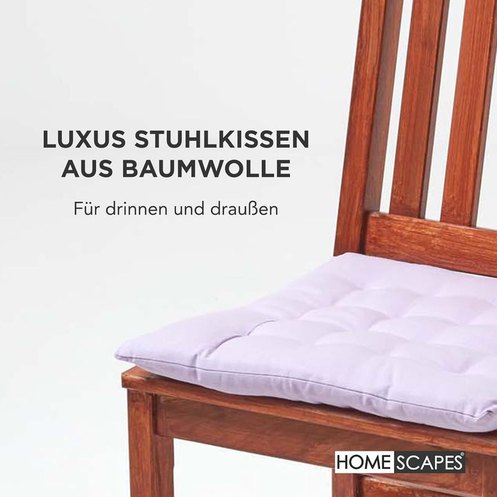 Homescapes 4er Set Stuhlkissen 40 x 40 cm, helles violett, Sitzkissen mit Bändern und Knopfverschlus