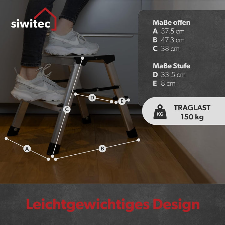 siwitec Alumium-Klapptritt 2 Stufen | Kleine Trittleiter | rutschfeste Standfüsse | 150 kg Traglast