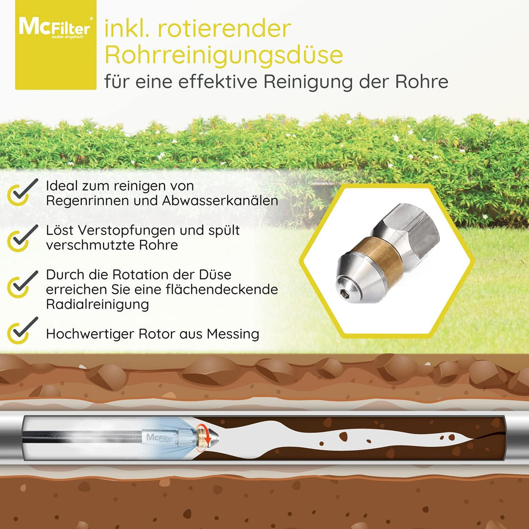 McFilter | Rohrreinigungsschlauch, 10m, 160-200 bar, inkl. Adapter, Düsen starr + rotierend, kompati