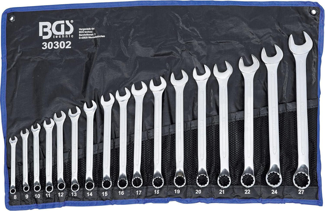 BGS 30302 | Maul-Ringschlüssel-Satz | 17-tlg. | gekröpft | SW 8 - 27 mm | inkl. Tetron-Rolltasche |