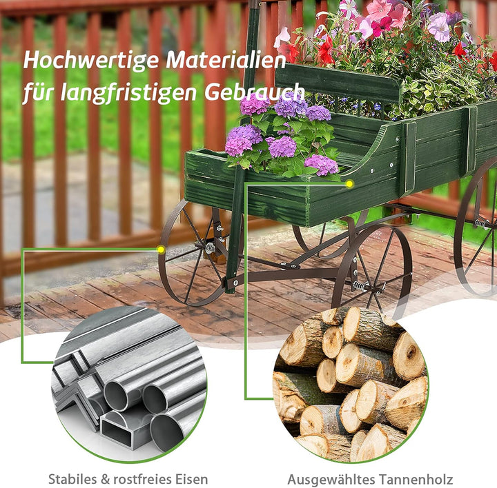 COSTWAY Blumenständer Holzwagen Pflanzwagen Blumenwagen mit Metall Rädern Blumenkasten Pflanzenständ