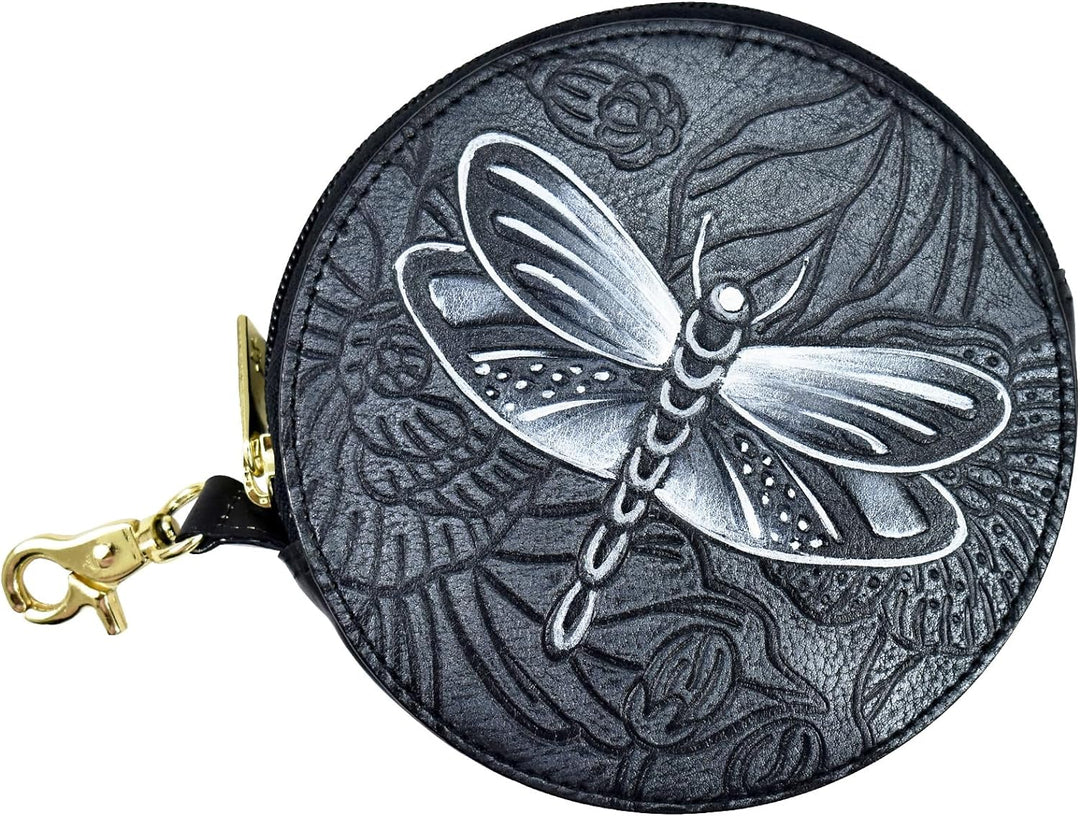 Anuschka Münzbeutel aus Echtleder, handbemalt, Rund - Tooled Dragonfly Meadow, Tooled Dragonfly Mead