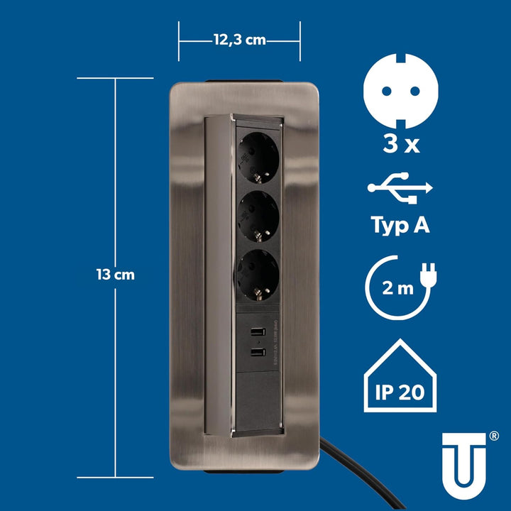 Unitec Versenkbare Steckdosenleiste horizontal | 2 USB Ladebuchsen | 3 Steckdosen | beiliegende Halt