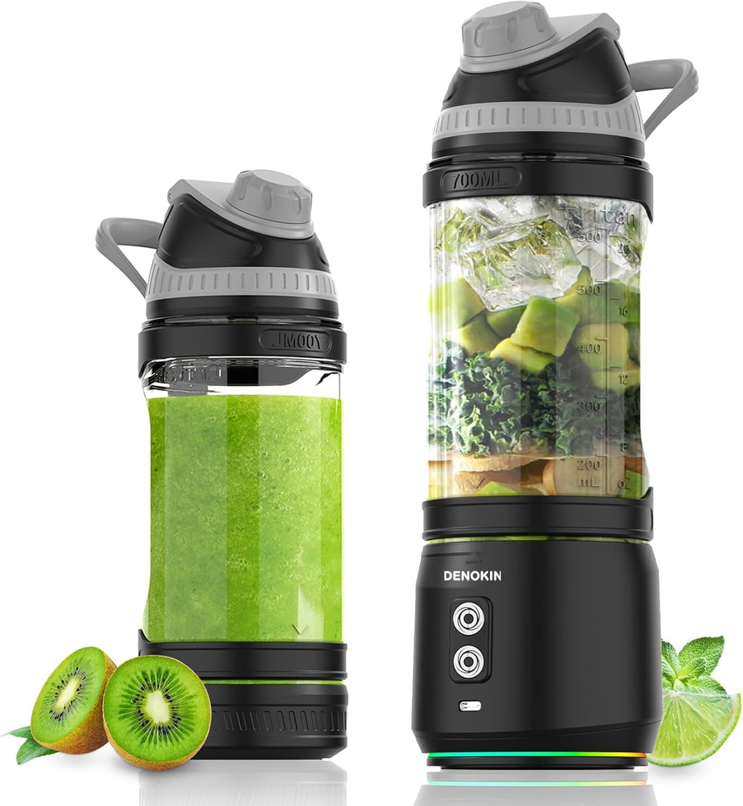 DENOKIN Tragbarer Mixer, 700ml Smoothie Maker to Go, Mini-Standmixer mit 6-Klingen Edelstahl, Wieder