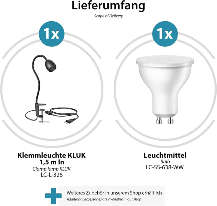 ledscom.de GU10 Klemmlampe KLUK mit Schwanenhals, schwarz inkl. GU10, 3-Stufen-dimmbar, warm-weiss,
