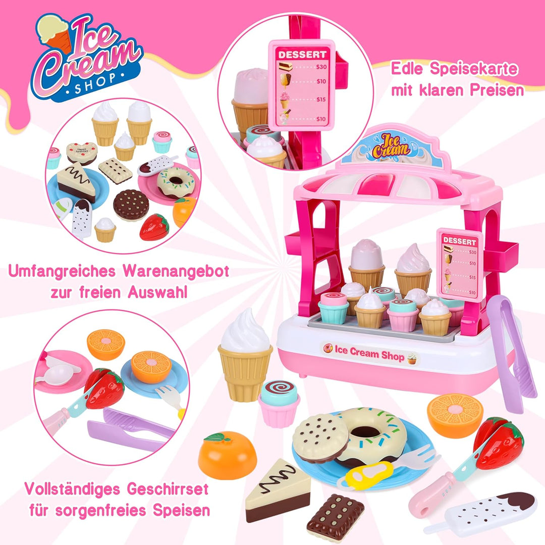 Charmofun Kasse Spielzeug mit Eisdiele für Kinder - inkl. 48 Zubehör (15 Eiscreme, 5 Kuchen, 7 Beste