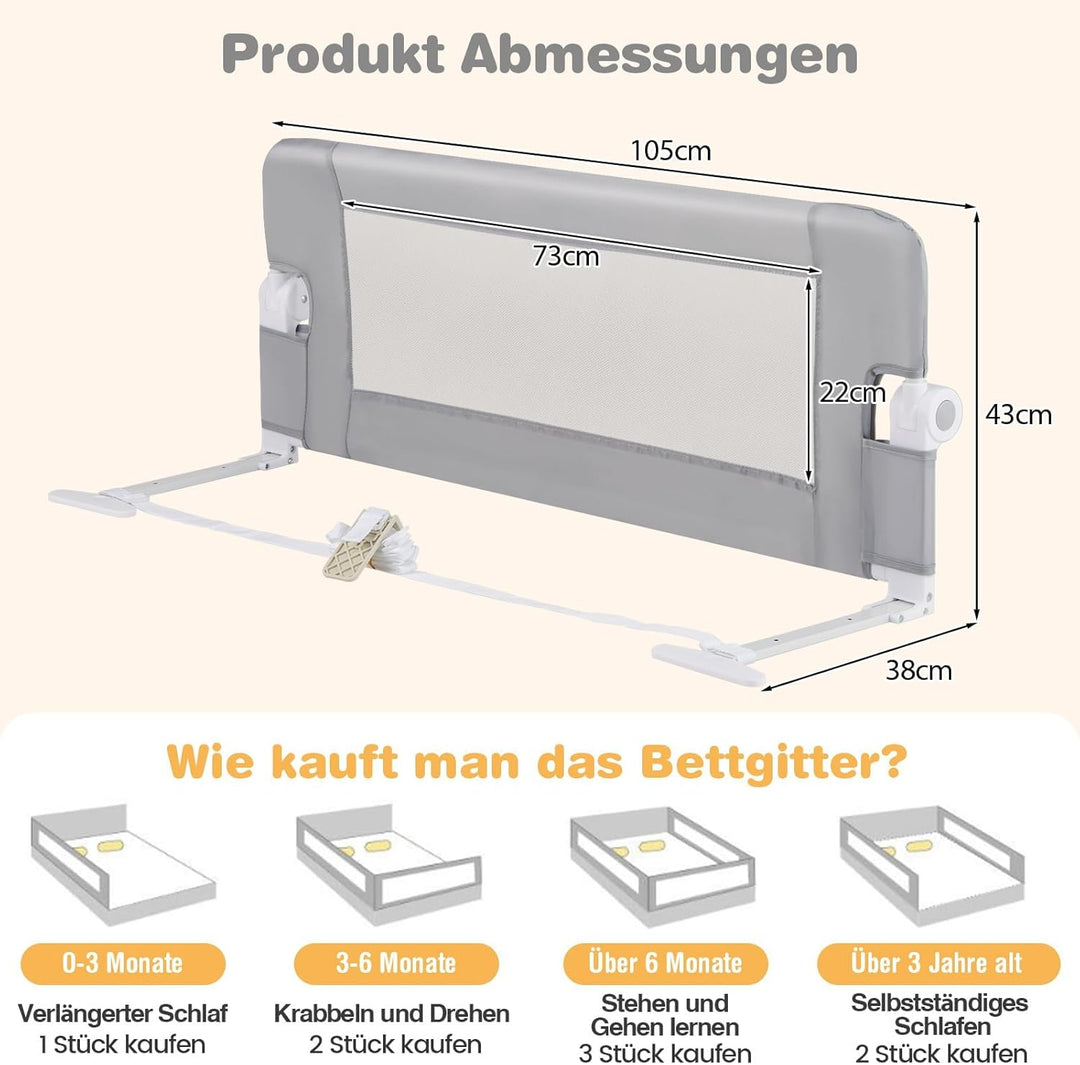 COSTWAY Bettgitter klappbar, Bettschutzgitter mit Verstellbarer Gurte, EIN-klick-Faltung, Rausfallsc
