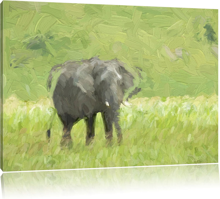 gigantischer Elefant im Gras Spezial Format: 100x70 cm auf Leinwand, XXL riesige Bilder fertig gerah