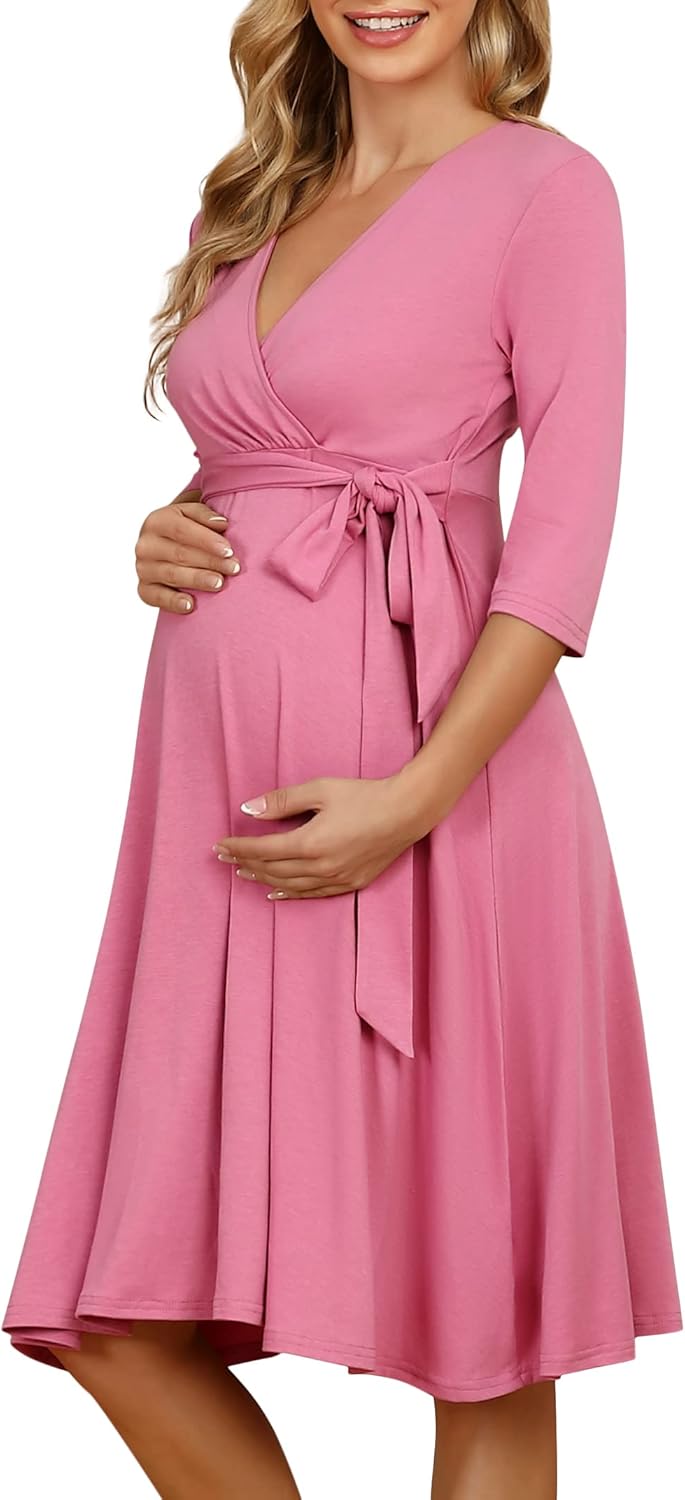 KOJOOIN Damen Umstandskleid Schwangerschafts Kleid für Schwangere Stillkleid V-Ausschnitt Langarm mi