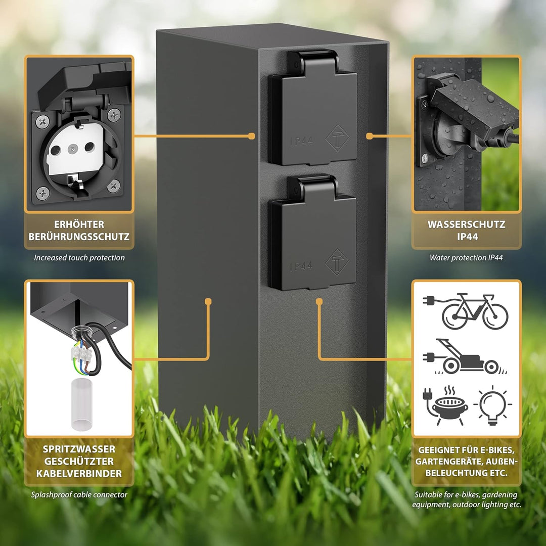 ledscom.de Garten-Steckdosen-Säule POMI mit Erdspiess für aussen, IP44, 4-Fach, anthrazit, eckig, 23