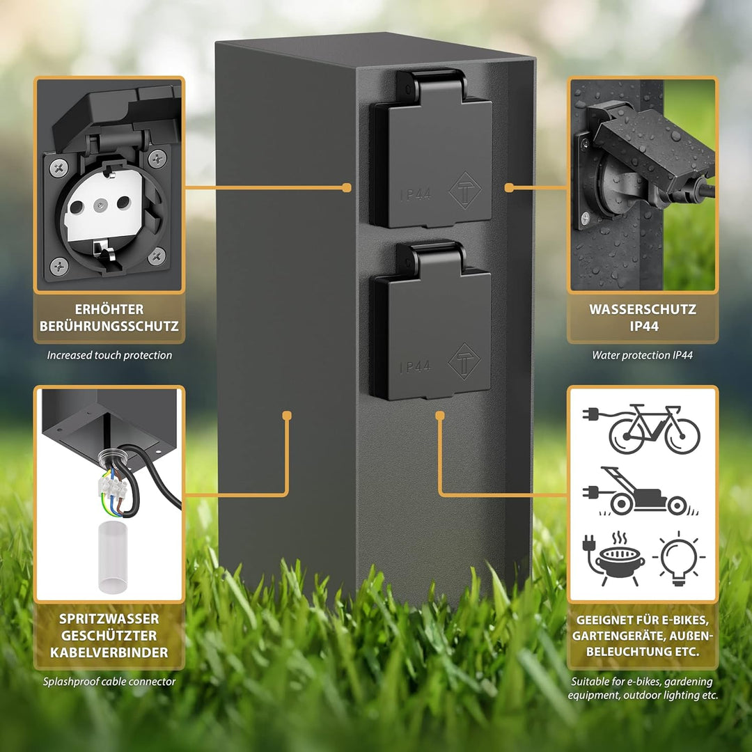 ledscom.de Garten-Steckdosen-Säule POMI mit Erdspiess und 2m Kabel für aussen, IP44, 4-Fach, anthraz