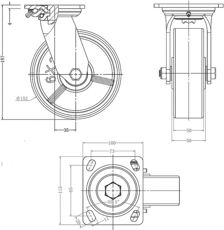 GBL - 4 Möbelrollen 150mm 1280KG Transportrollen Werkbank Lenkrollen ohne Bremse Schwerlastrollen Ro