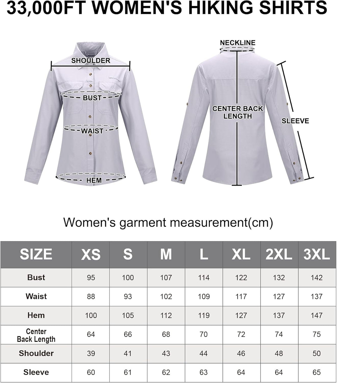 33,000ft Hemd Damen UPF50+ UV Schutz Outdoorhemd Schnelltrocknend Freizeithemd Langarm Funktionshemd
