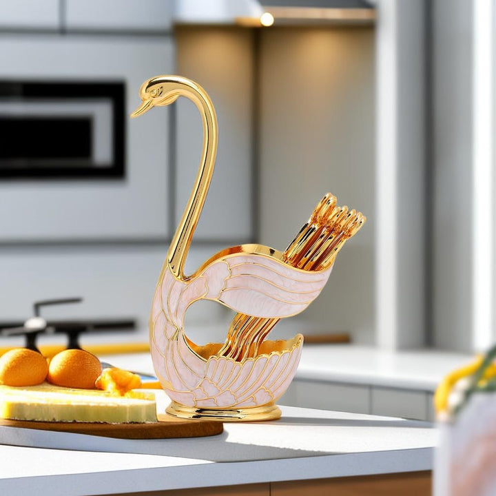 Teelöffel Gold, Kaffee Dessert Löffel Set, Schwan Basishalter Löffel Organizer mit 6 Stück Kaffee De