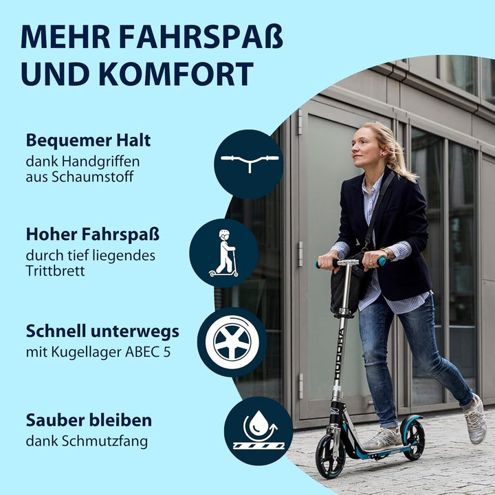 HUDORA BigWheel 205 Scooter - Stabiler Aluminium-Roller - Höhenjustierbarer & zusammenklappbarer Cit