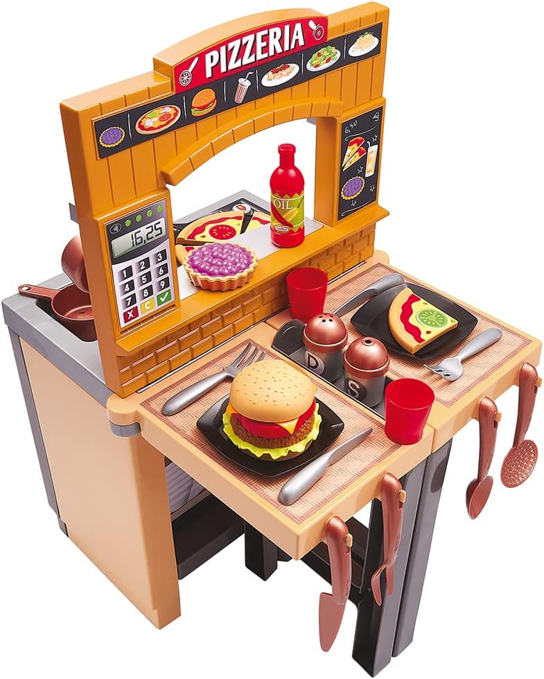 Ecoiffier – 2in1 Spielküche Pizzeria – variable Kinderküche mit Restaurant-Flair, inkl. Hocker, Küch