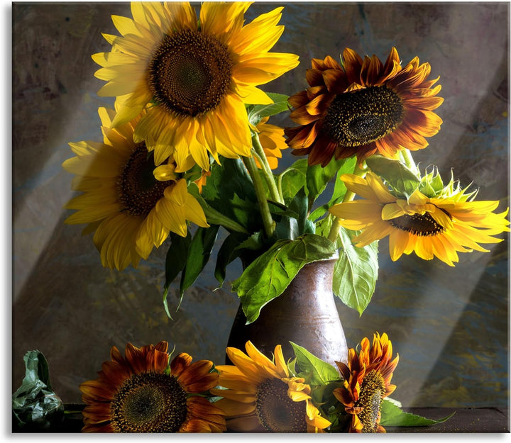 Sonnenblumen in edler Vase Herdabdeckplatte & Spritzschutz aus Echtglas | Für Herd-Kochfelder | 60x5