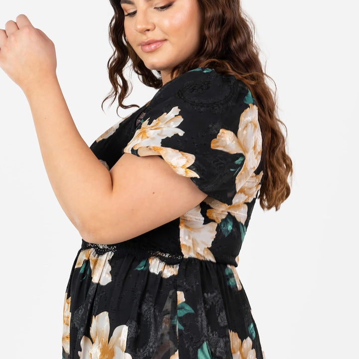 Lovedrobe Damen Womens Plus Size Summer for Ladies with Pockets Short Ballon Sleeve Crew Neck Midi L