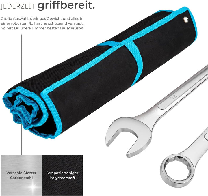 TecTake Maulringschlüssel Satz 6-32 mm 25-teilig mit Tetron Rollstasche - Diverse Farben - (Blau | N