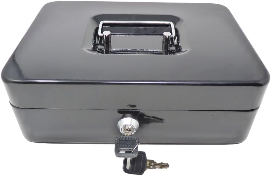 Geldkassette aus Metall - Schwarz mit Münzeinsatz - 250 x 180 x 90 mm, Schwarz