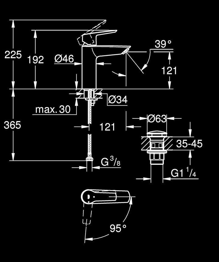 GROHE Start - Badarmatur energiesparend (Mittelstellung kalt für geringeren Energieverbrauch, 19cm h