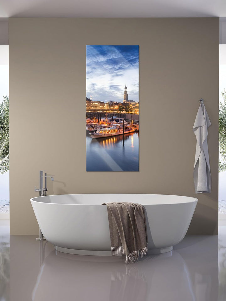 Glasbild Panorama | Wandbild aus Echtglas | Hamburger Hafen am Abend | 100x40 cm | inkl. Aufhängung