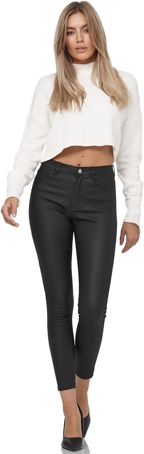 Gloop Skinny Fit Jeans Fit-Hose mit Ledereffekt Smooth Coated Pant Schwarz Glänzt XS, Schwarz Gl