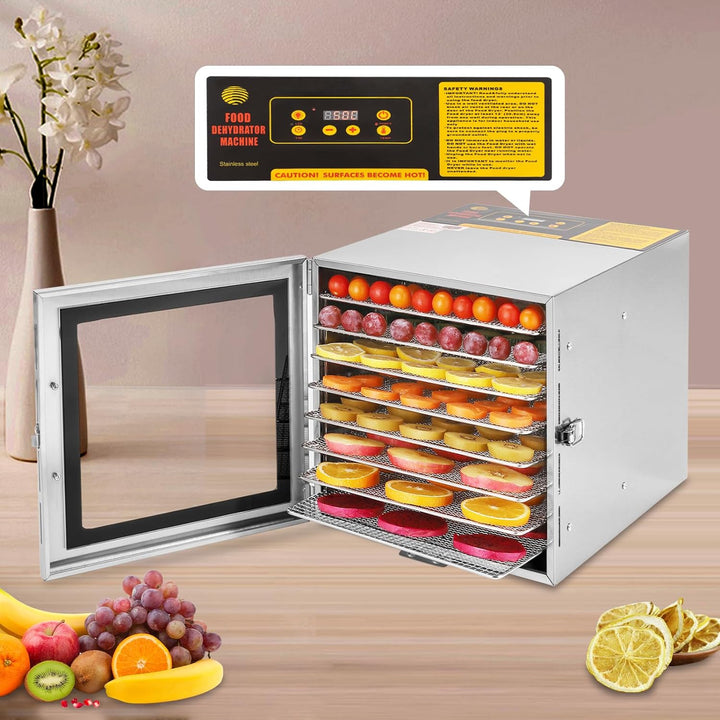 SABUIDDS Dörrautomat Edelstahl mit 8 Einlegefächer Food Dörrgerät von 35-90 ℃, 24h-Timer, 700W, inkl