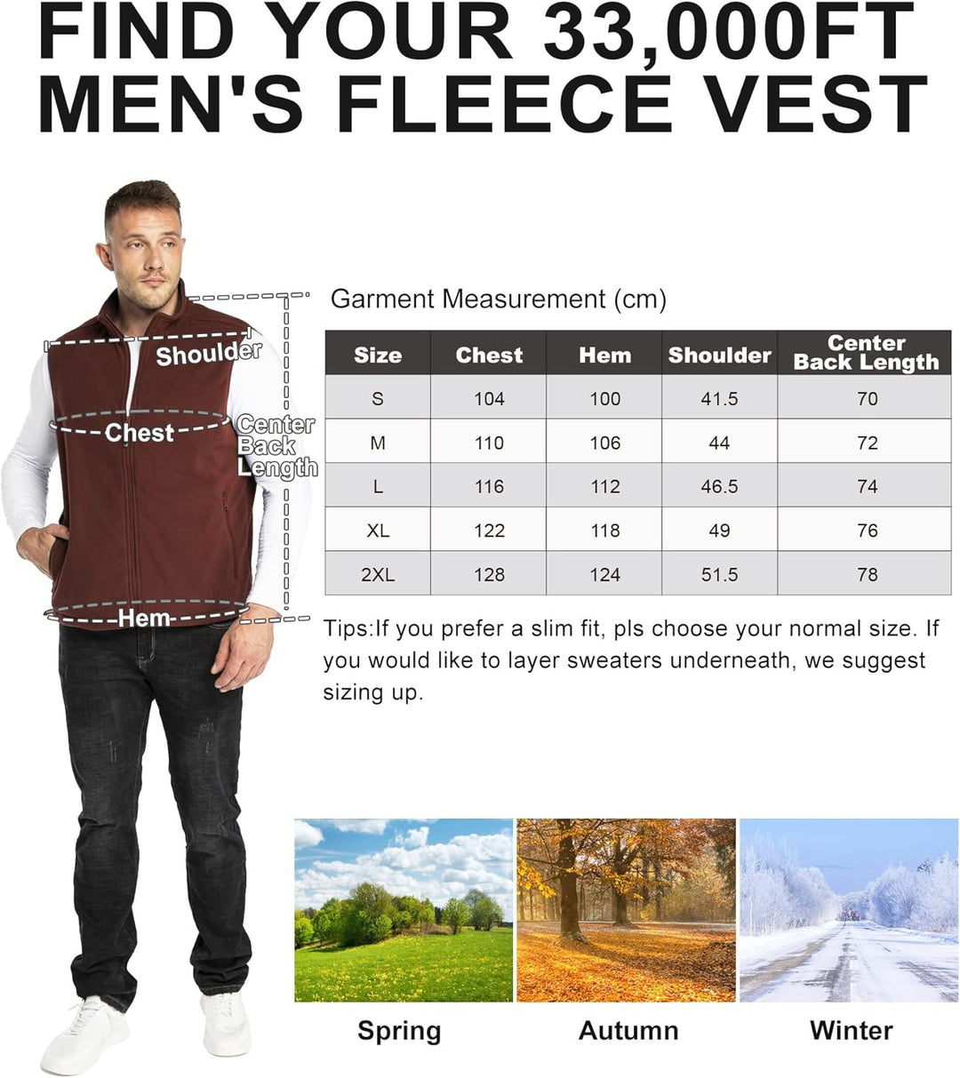 33,000ft Herren Fleece Weste Jacke Standkragen Ultraleicht Outdoor Ärmellose Fleecejacke Gilets Tops