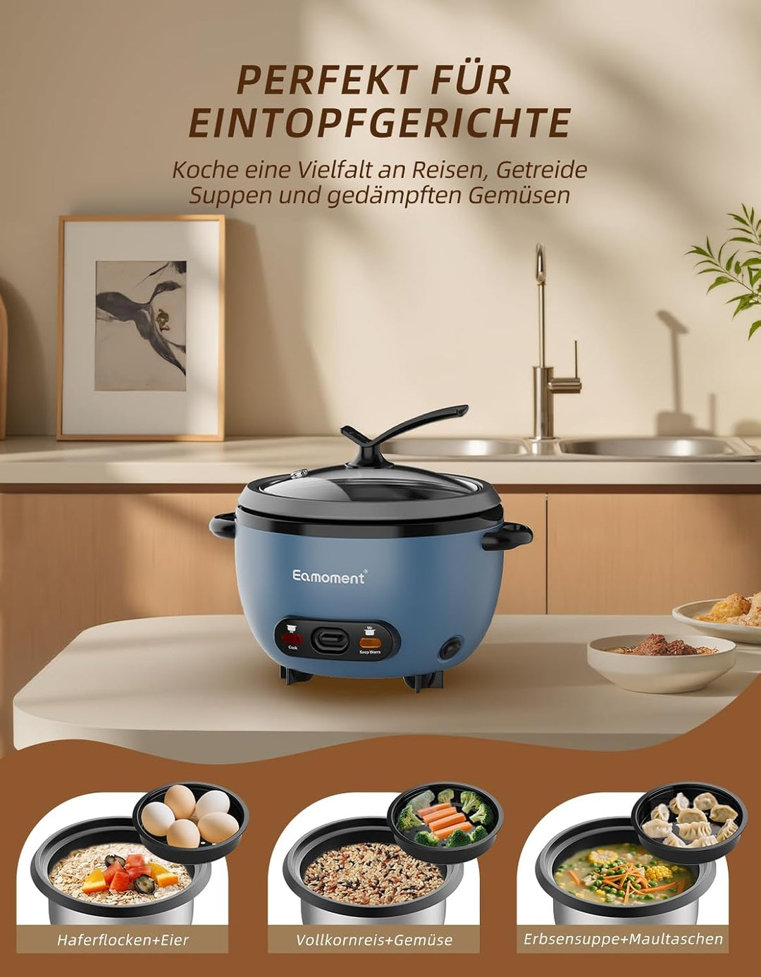 Eamoment ERC-5P07BL 1L | 400W Reiskocher & Schwarzer Dämpfeinsatz Warm & Kochen 1-5 Personen Antihaf