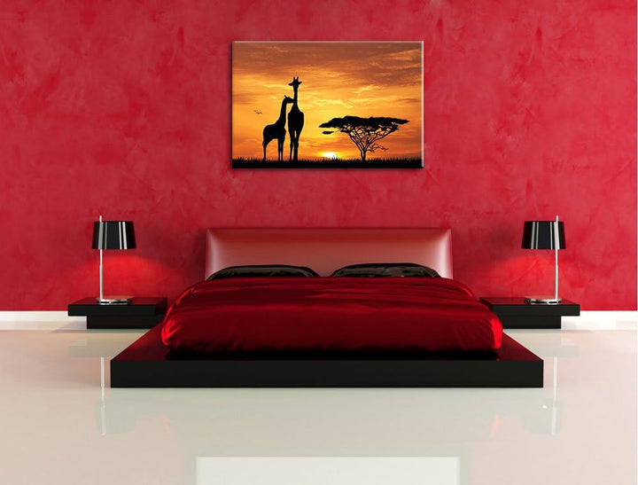 Giraffen im Sonnenuntergang Format: 100x70 auf Leinwand, XXL riesige Bilder fertig gerahmt mit Keilr