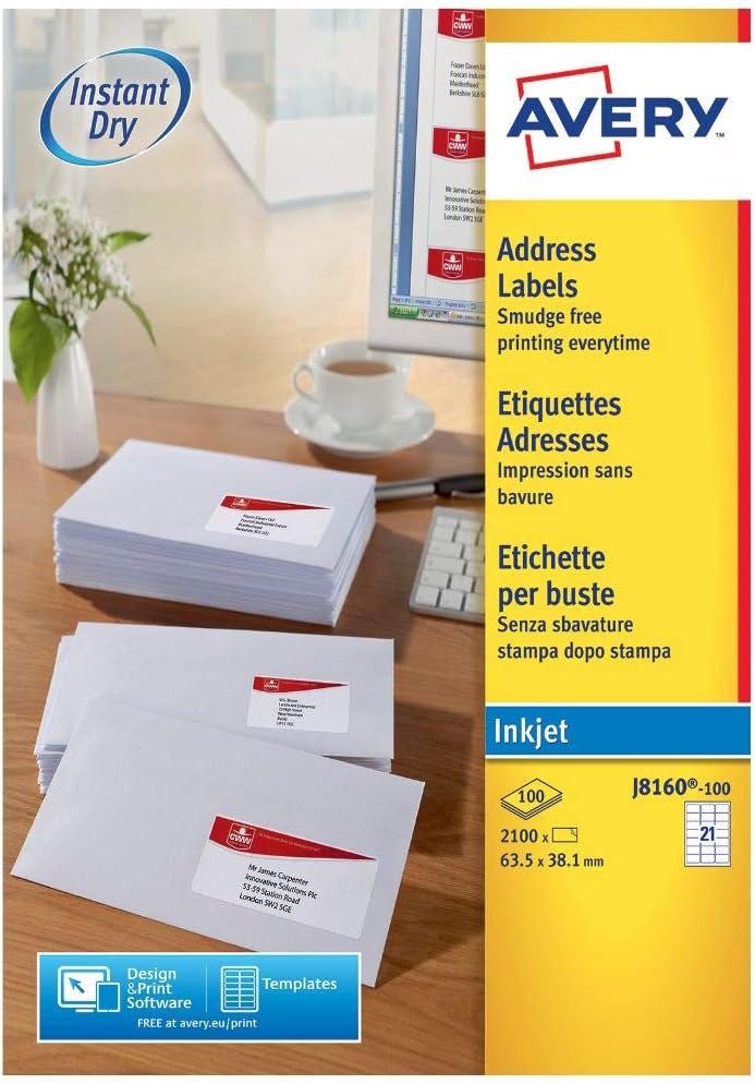 Avery J8160-100 Etiketten für Tintenstrahldrucker Packung mit 100 Blatt weiss