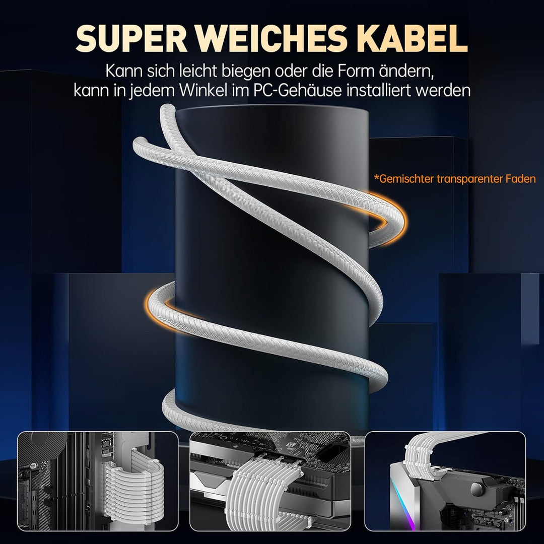 AsiaHorse PSU Cable Extension for Power Supply with Transparent Plug and Cable Combs 24 Pin / 2 x 8