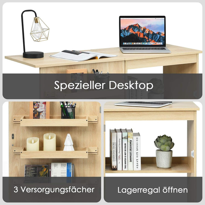 COSTWAY 2 in 1 Nähschrank & Schreibtisch klappbar, Nähtisch aus Holz mit 3 Einlegeböden für Spulen &