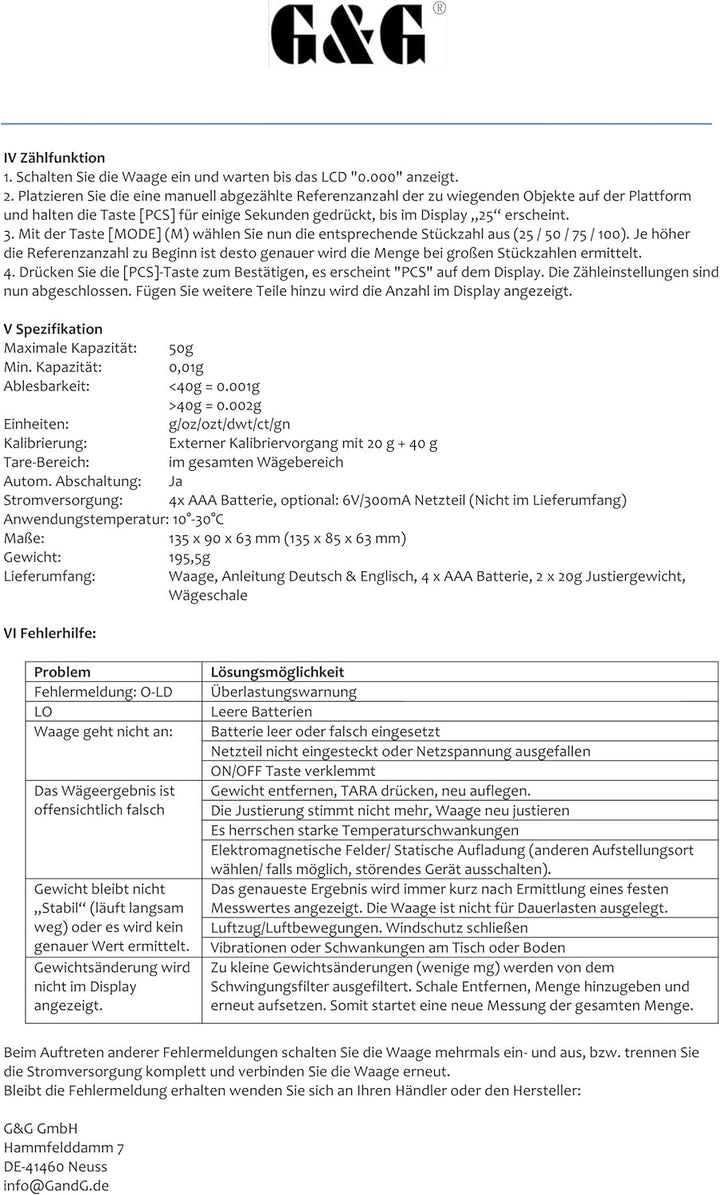 G&G 50g/0,001g FC50 + Kalibriergewicht Feinwaage Juwelierwaage Präzisonswaage Goldwaage