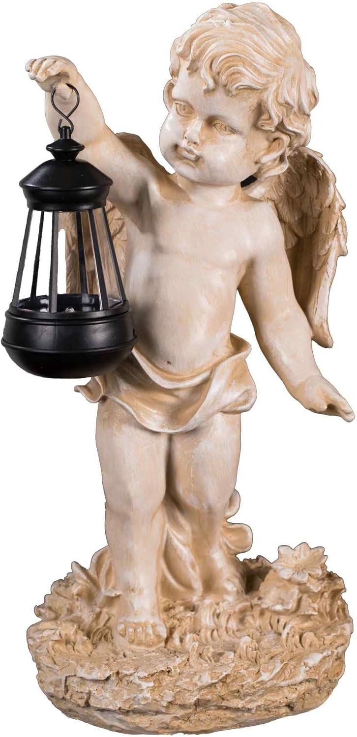 Birendy Engel NF86335 C, Gross 42 cm hoch, Gartenengel, Deko Engel mit LED Solar Lampe, Antik Weiss,