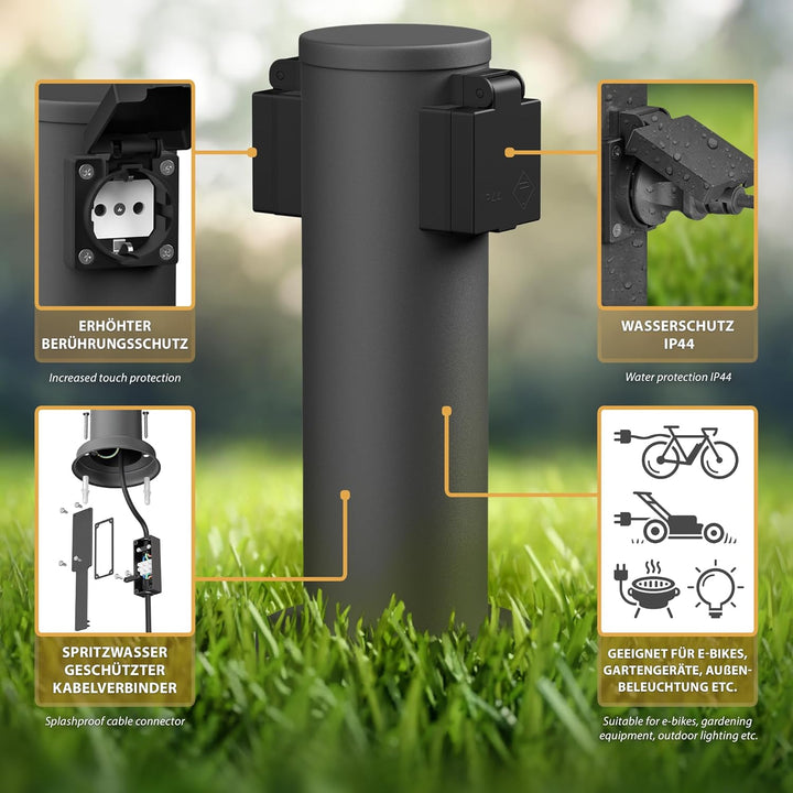 ledscom.de Garten Steckdosensäule PORU für aussen, IP44, 2-Fach, anthrazit, rund, 27 cm 1 Stück (1er