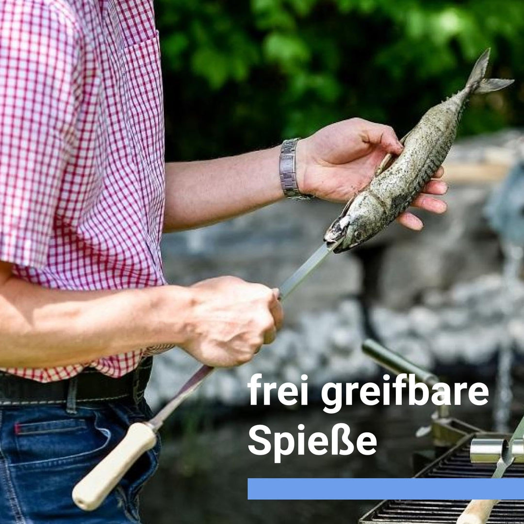 Premium Steckerlfisch Halter für Lagerfeuer - Platz für 2 Fische - Fisch Grill Spiesshalter für offe
