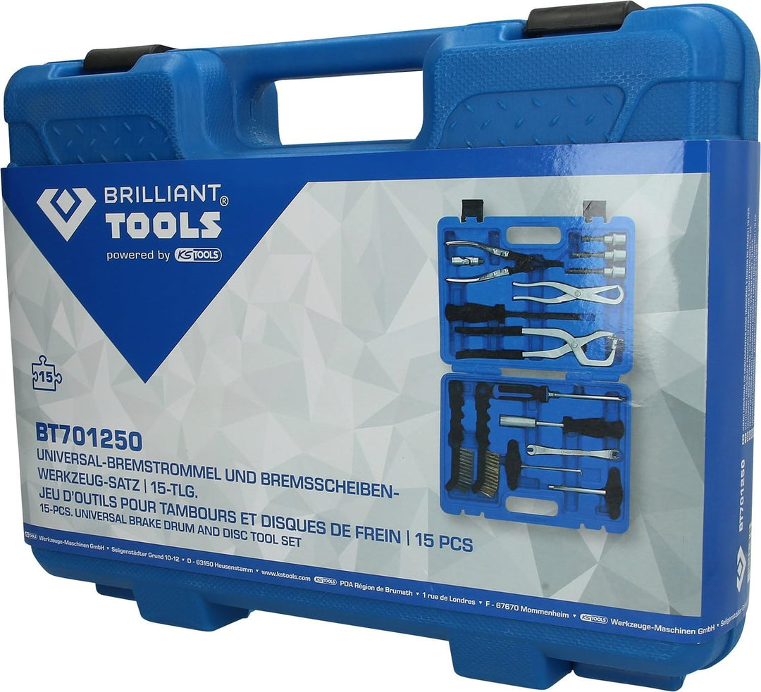 BRILLIANT TOOLS BT701250 Universal-Bremstrommel und Bremsscheiben -Werkzeug-Satz | 15-tlg. [Powered