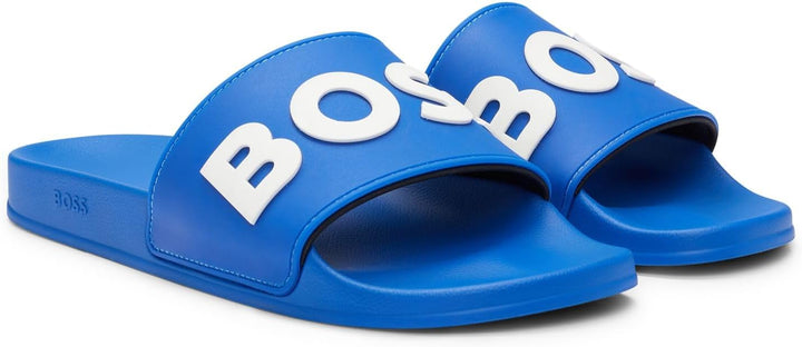 BOSS Herren Kirk Slid In Italien gefertigte Slides mit erhabenem Logo Grösse 35 EU Blau, 35 EU Blau
